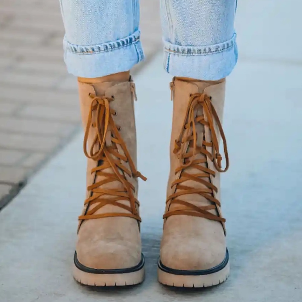 NWT Oasis Society Vegan Leather Suede Tan Lace Up Boots - Picture 3 of 6